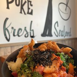 Ahi Poke - My poke bowl- 3 protein: salmon, tuna, shrimp tempura. Customized add your own toppings into the mix!