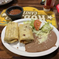 Robles Cantina - Beef Chimichangas with Refried beans/ Salad.