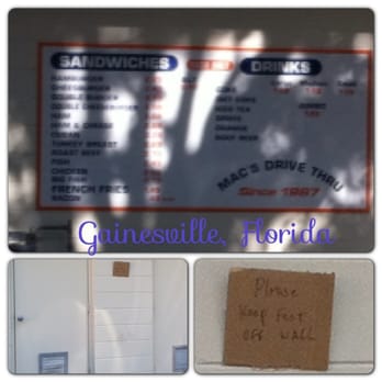 Mac's Drive Thru - Menu and a note while passing the drive thru - Burgers Near Me - Gainesville, Florida