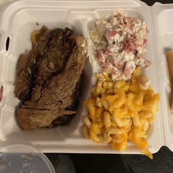 Pot Smoker BBQ - Brisket plate with Mac & cheese and fully loaded baked potato salad - Barbeque Near Me - Aiken, South Carolina