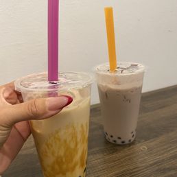Messy brown sugar boba and taro boba
