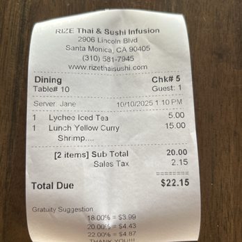 RIZE Thai Sushi - Bill - Sushi Bars Near Me - Santa Monica, California RIZE Thai Sushi - Bill - Sushi Bars Near Me - Santa Monica, California