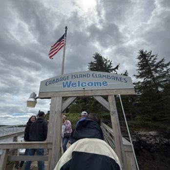Cabbage Island Clambakes - Welcome sign from the boat - Seafood Near Me - Boothbay Harbor, Maine