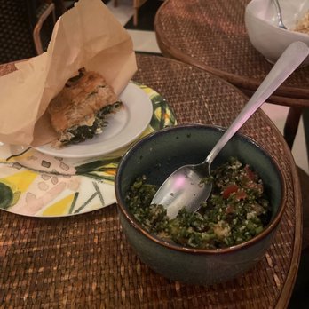 Cafe-Flor - Spinach pie, Tabbouleh Salad (half eaten sorry) - Coffee & Tea Near Me - New York, New York