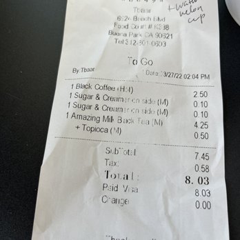 TBaar - Cream and sugar charge for coffee - Bubble Tea Near Me - Buena Park, California