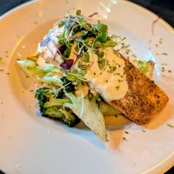 E & S Fish Company - Salmon with a lemon caper sauce and sweet potato and broccoli. So yummy!