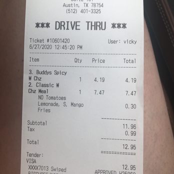 Buddy's Burger - Receipt for two cheeseburgers, mango lemonade and regular french fry. Small up charge for lemonade with the combo, well worth it. - Burgers Near Me - Austin, Texas Buddy's Burger - Receipt for two cheeseburgers, mango lemonade and regular french fry. Small up charge for lemonade with the combo, well worth it. - Burgers Near Me - Austin, Texas