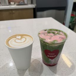 Osmanthus latte(hot) without the flowers, rose cream top matcha with raspberry(iced)