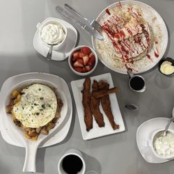 Dexter Brunch House - Cheesecake pancakes, meat lover skillet and a side of bacon