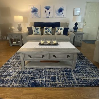 RC Willey - Coffee table, drawers open on both sides. End tables. Lamps & couch & rug. - Furniture Stores Near Me - Las Vegas, Nevada