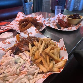 Phil's BBQ - Rib Dinner (Quarter) - two sides, Sausage link, ribless side, and Colossal Onion Rings (Large) - Barbeque Near Me - Santee, California