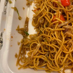 Soggy chow mein. You can tell because the onions and cabbage have broken down so much from sitting in the hot pans.