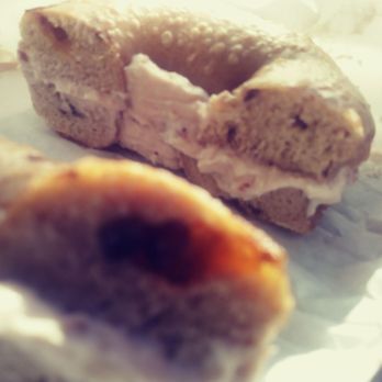 Bagel Fair - Heated Cinnamon Raisin bagel w Strawberry Smear - Bagels Near Me - Indianapolis, Indiana Bagel Fair - Heated Cinnamon Raisin bagel w Strawberry Smear - Bagels Near Me - Indianapolis, Indiana