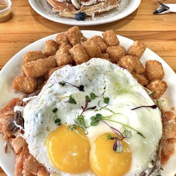 Aloha Stacks - Island Chilaquiles w tator tots  Trio Waffle - Pancakes Near Me - El Monte, California