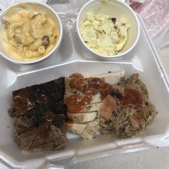 Rusty Bucket JawSmacking BBQ - Three meat plate brisket, turkey and pulled pork with potato salad and Mac and cheese. - Barbeque Near Me - San Antonio, Texas