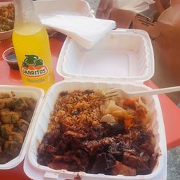 Pineapple Jarrito soda fried ocra and the jerked chicken and pork combo. Pineapple Jarrito soda fried ocra and the jerked chicken and pork combo.