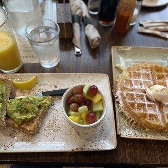 First Watch - Avocado Toast (subbed w/ fruit) and belgian waffle... - Breakfast & Brunch Near Me - Arlington, Texas
