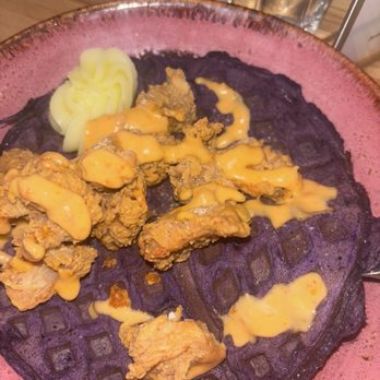 Cebu Chicago - Ube Waffles and Chicken Fried Popcorn Chicken with Tamarind Rub, Ube Waffles, Buttercream, Ada Boom Sauce - Filipino Near Me - Chicago, Illinois