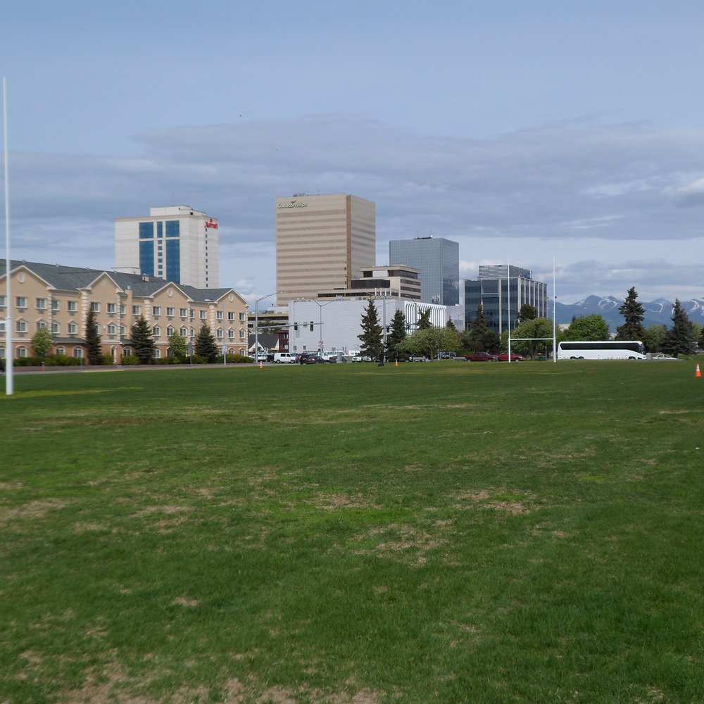 View of downtown Anchorage from the west end of the Park Strip