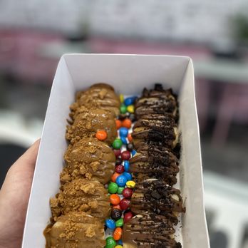 Chocolate Bash - Mini pancakes half & half cookie butter and Belgium milk chocolate with some M&M's and cookie butter crumbs , so delicious .. - Desserts Near Me - Covina, California Chocolate Bash - Mini pancakes half & half cookie butter and Belgium milk chocolate with some M&M's and cookie butter crumbs , so delicious .. - Desserts Near Me - Covina, California