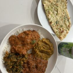 Priya's Kitchen - Beingan bharta, okra, lamb rogan josh, chicken jalfrezi, chili garlic naan