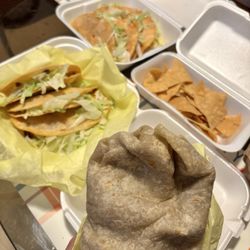 Frey's Mexican Food - Shredded beef tacos, shredded chicken tacos, bean and cheese burrito and chips