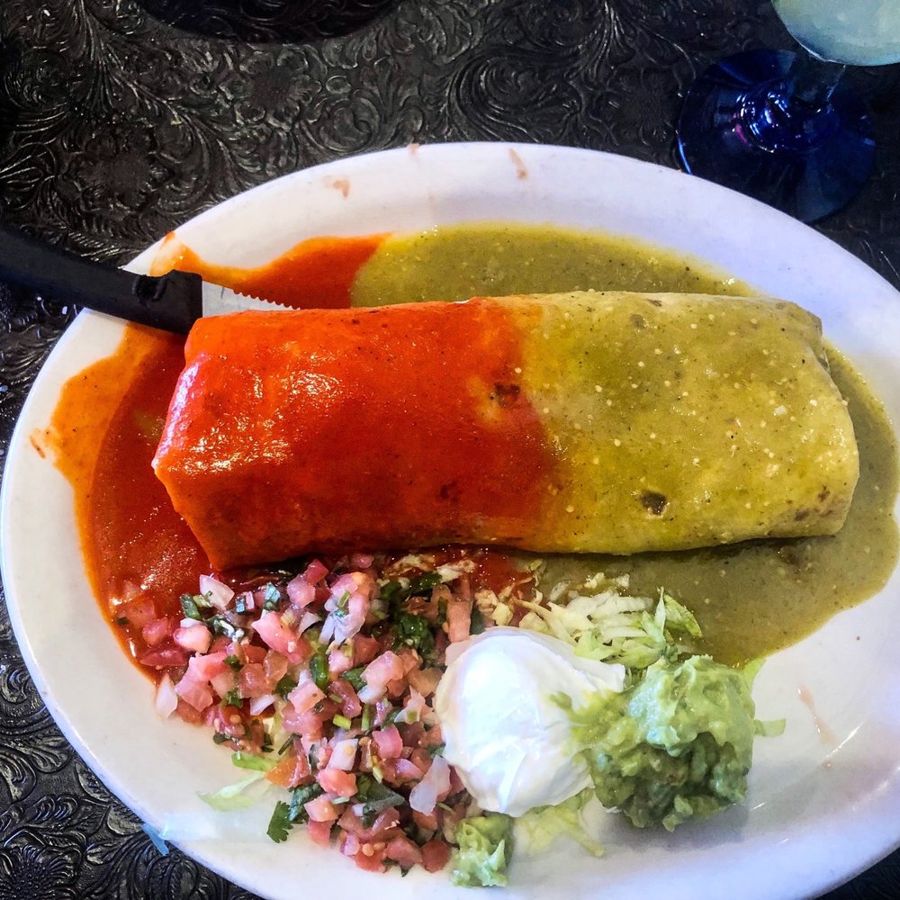 Fonda Don Chon - Burrito Panchon (with carne asada and half red/half green sauce). - Mexican Near Me - Covina, California