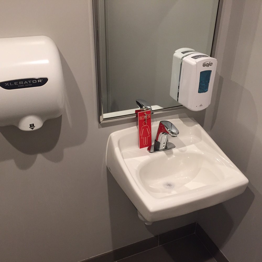 Restrooms have automatic toilets, soap dispensers, taps, and hand dryers. Keys required for entry. Restrooms have automatic toilets, soap dispensers, taps, and hand dryers. Keys required for entry.