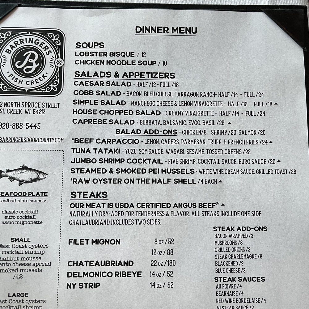 Barringer's Restaurant - Menu - Steakhouses Near Me - Fish Creek, Wisconsin