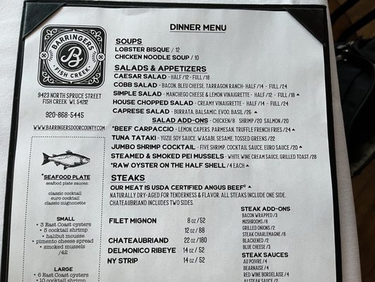 Menu photo 6 Barringer's Restaurant Fish Creek, WI