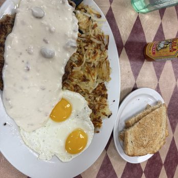 Hometown Cafe - chicken fried steak Hash Browns and eyes looking up - Breakfast & Brunch Near Me - Reno, Nevada