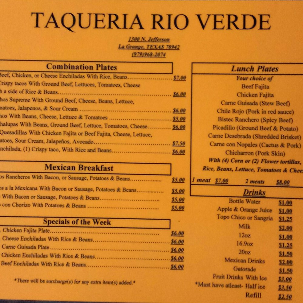 Taqueria Rio Verde - the menu for the restaurant - Mexican Near Me - La Grange, Texas