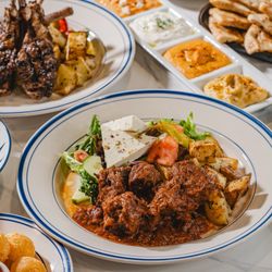 Athenian Grill - Beef stew plate , lamb chops , dips
