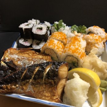 Maneki - Ume shiso maki, California Roll and shioyaki saba (salted mackerel) - Japanese Near Me - Seattle, Washington Maneki - Ume shiso maki, California Roll and shioyaki saba (salted mackerel) - Japanese Near Me - Seattle, Washington