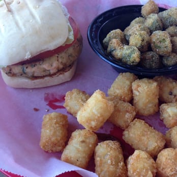 Baha Burger - Baby salmon burger with tots and fried okra - Burgers Near Me - Hoover, Alabama