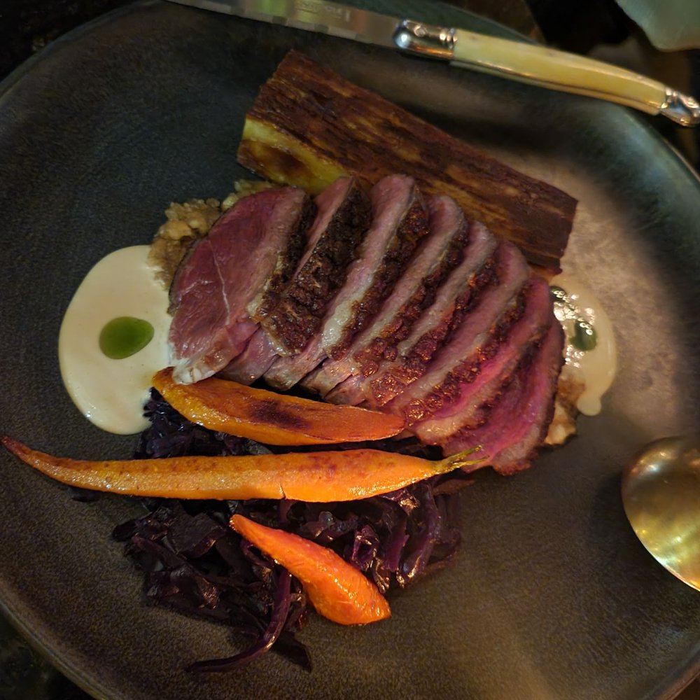 Orchard - Duck breast with potato, braised red cabbage, baby carrot, buttermilk chicken sauce and chirizu - Mediterranean Near Me - Calgary, Alberta Orchard - Duck breast with potato, braised red cabbage, baby carrot, buttermilk chicken sauce and chirizu - Mediterranean Near Me - Calgary, Alberta