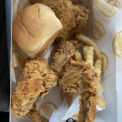 Church's Chicken - Three-piece wing special fries, and bread