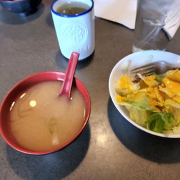 Miso soup and salad with ginger dressing Miso soup and salad with ginger dressing