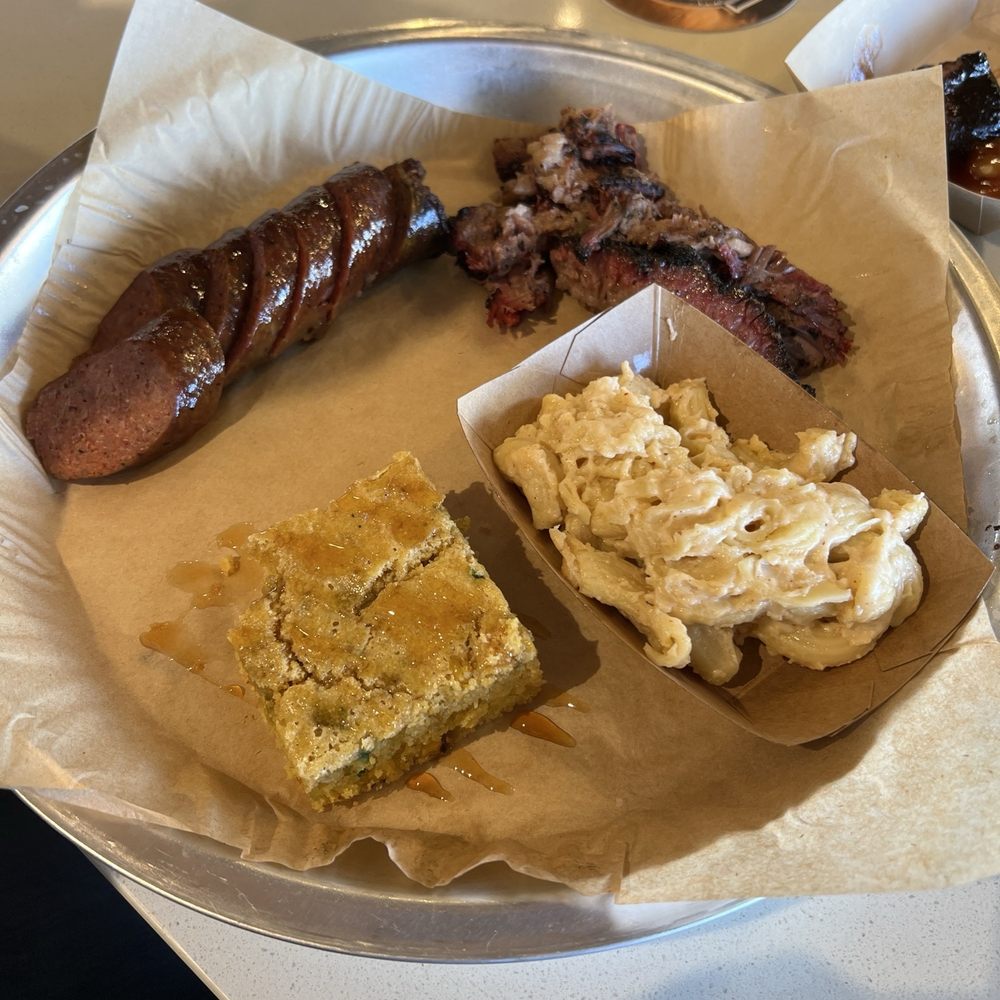 Dutchman's Country BBQ - 2 meat plate w fatty brisket, sausage, Gouda Mac and cornbread - Barbeque Near Me - Apache Junction, Arizona Dutchman's Country BBQ - 2 meat plate w fatty brisket, sausage, Gouda Mac and cornbread - Barbeque Near Me - Apache Junction, Arizona