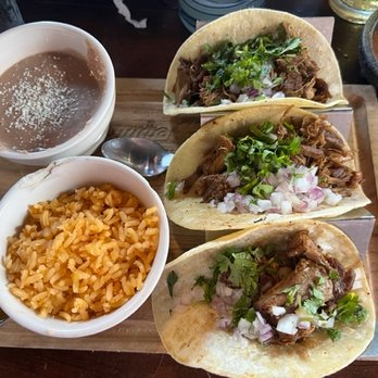 Azul Tequila - Carnitas tacos with rice and beans - Mexican Near Me - Springdale, Arkansas