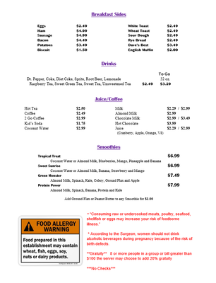 Menu photo 6 Side Track Restaurant Caliente, NV