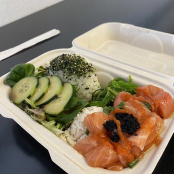 Poke District - salmon poke bowl half white rice half salad original sauce - Seafood Near Me - Orange, California Poke District - salmon poke bowl half white rice half salad original sauce - Seafood Near Me - Orange, California