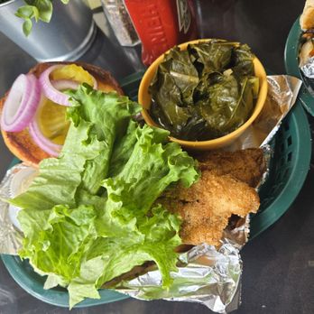 Southern Grace Eats - Fried Fish Sandwich and Collard Greens  (After asking for toppings that should have come with it initially). - Southern Near Me - Cincinnati, Ohio