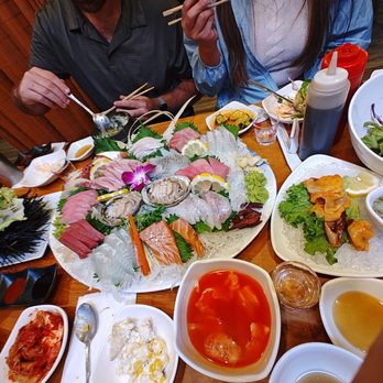 Kuni Sashimi House - Gigantic sashimi plate we could not finish and check out the side dishes! - Korean Near Me - Buena Park, California