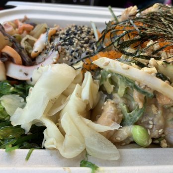 Hashtag Poki - Build Your Own Poke Box Large.   Four scoops of protein.   It was filling and tasty!  And I ate the whole damn thing! - Poke Near Me - Berkeley, California