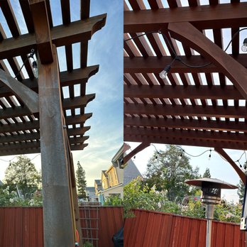 Color Pros Inc. - Before/after weather damaged pergola. Semi-transparent paint job by Color Pros made it look brand new. - Painters Near Me Color Pros Inc. - Before/after weather damaged pergola. Semi-transparent paint job by Color Pros made it look brand new. - Painters Near Me