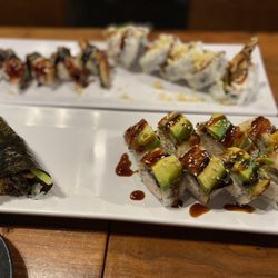 Fat Fish Sushi - Salmon skin hand roll and a whole bunch of rolls.