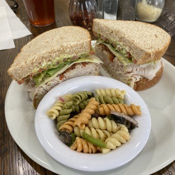 Shy Simon's - Turkey club sandwich with pasta salad. - Pizza Near Me - Council, Idaho Shy Simon's - Turkey club sandwich with pasta salad. - Pizza Near Me - Council, Idaho