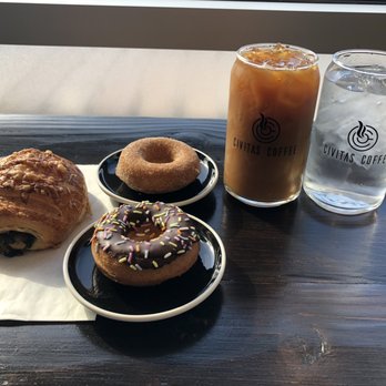 Civitas Coffee - Spinach & cheese crossiant, VEGAN chocolate sprinkle and churro donuts  & iced americano ---  soo goood !!!! - Coffee & Tea Near Me - La Mirada, California