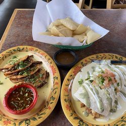 Puffy chips, amazing quesadilla birria sliders, and one of the best tasting burritos I've ever had.